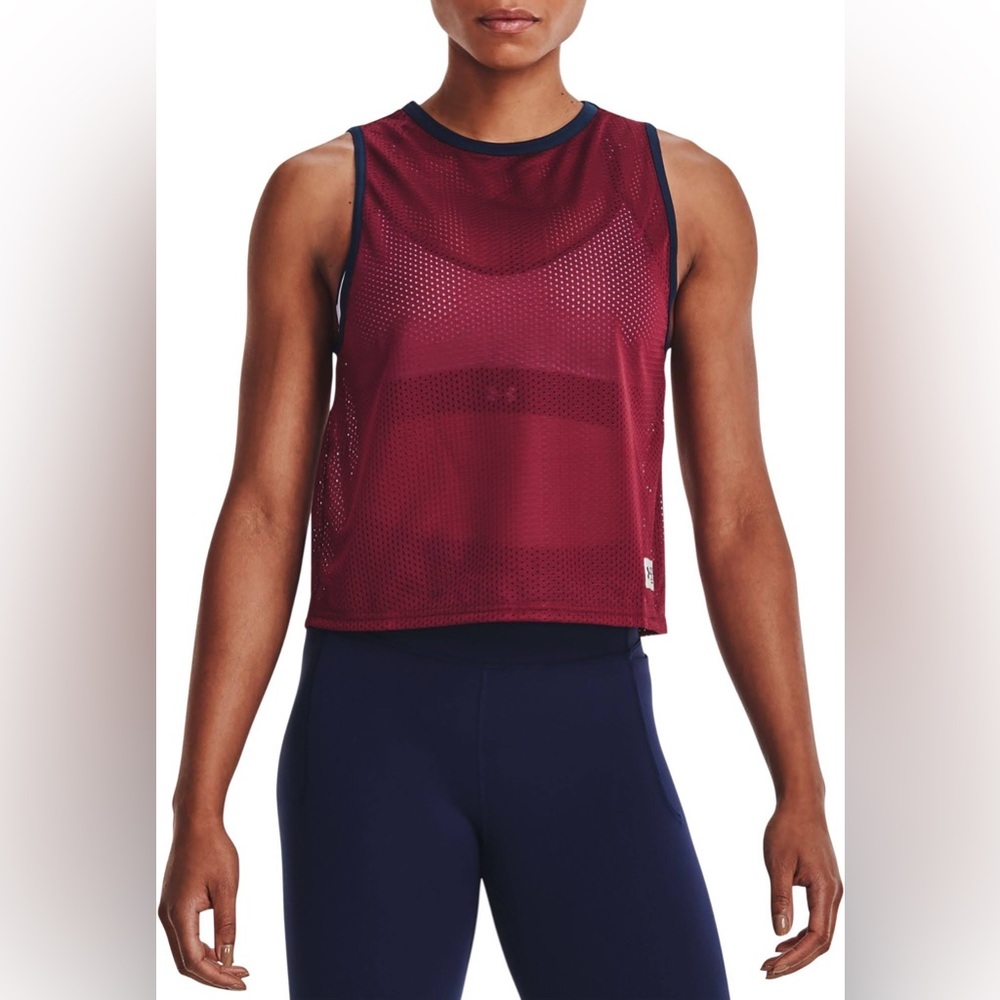 Under Armour Women's Burgundy Mesh Muscle Tee with Navy Trim